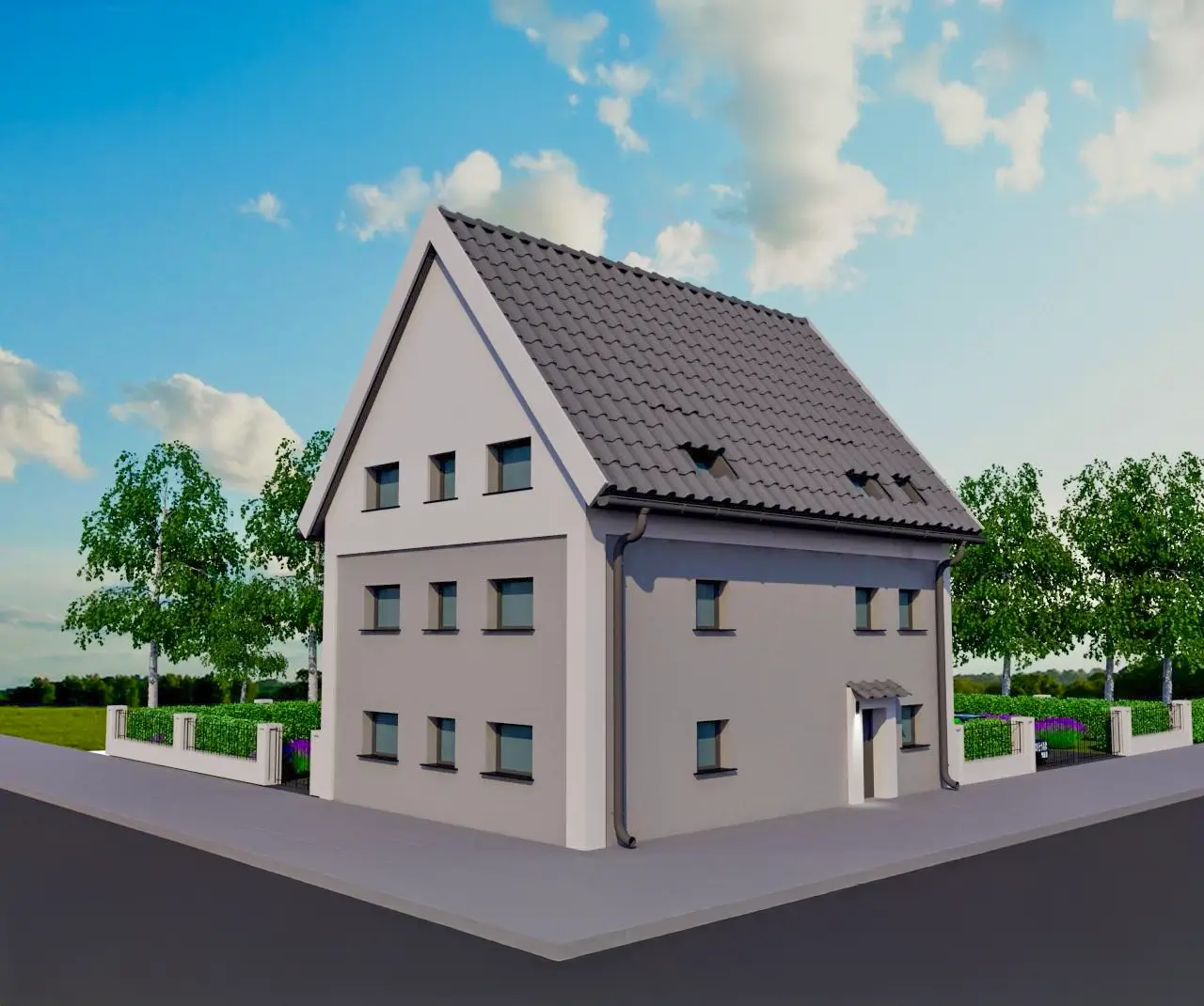 Ein 3D-Modell eines modernen Einfamilienhauses mit Satteldach, grauer Fassade und mehreren Fenstern auf jeder Etage. Das Haus befindet sich an einer Straßenecke, und im Hintergrund sind Bäume und eine Gartenmauer sichtbar.